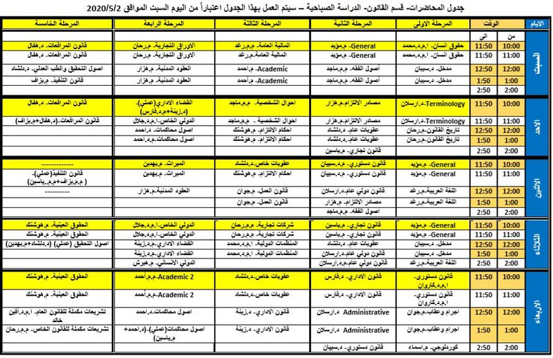 جدول المواد التدريسية